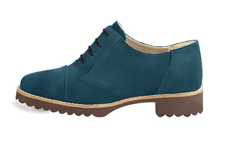 Peacock blue women's casual lace-up shoes. Round toe. Flat rubber soles. Profile view - Florence KOOIJMAN